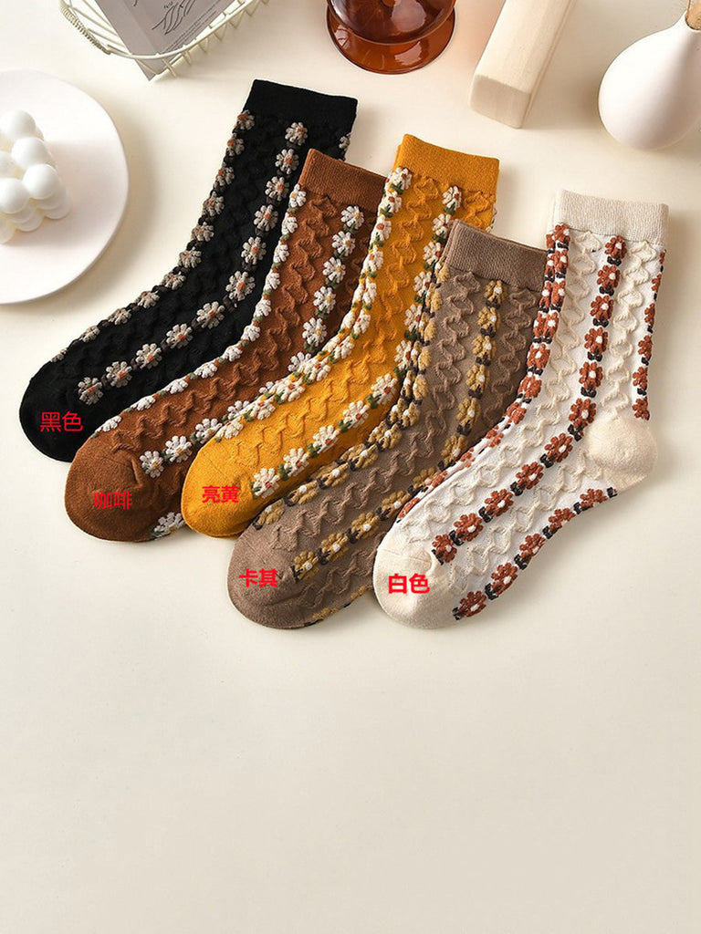 5 Pairs Women Autumn Artsy Flower Jacquard Socks RR013 BUYKUD