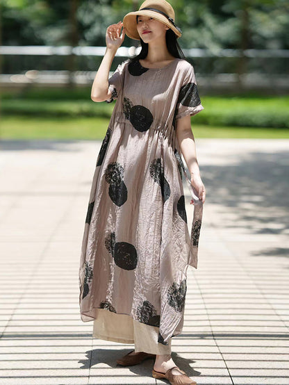 Plus Size Women Artsy Dot 100%Ramie Loose Dress SC1063 Ada Fashion