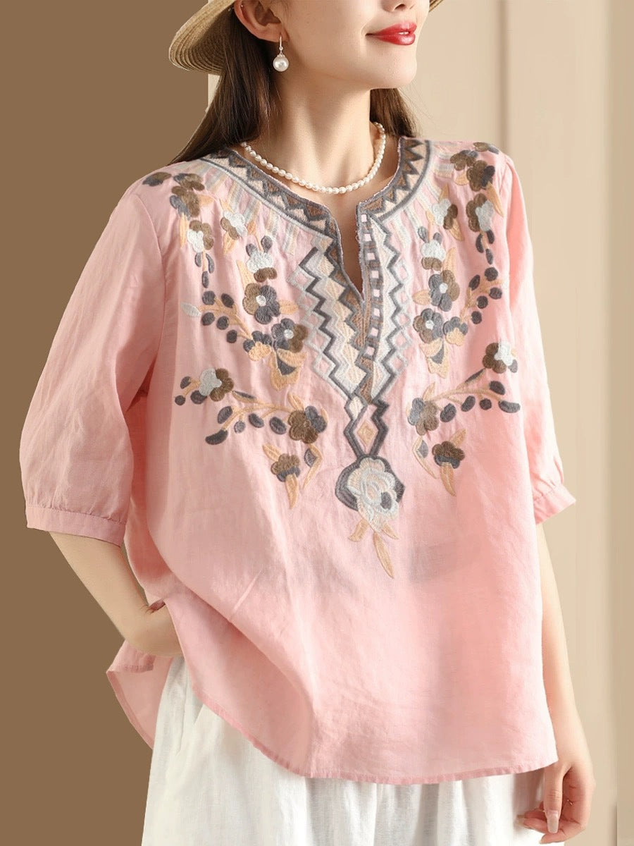 Women Summer Ethnic Flower Embroidery Ramie Shirt BN1009 Ada Fashion