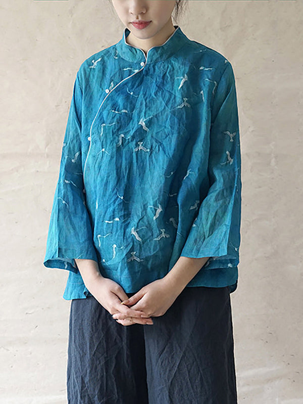 Women Ethnic Crane Spring Linen Shirt QW1004 Ada Fashion