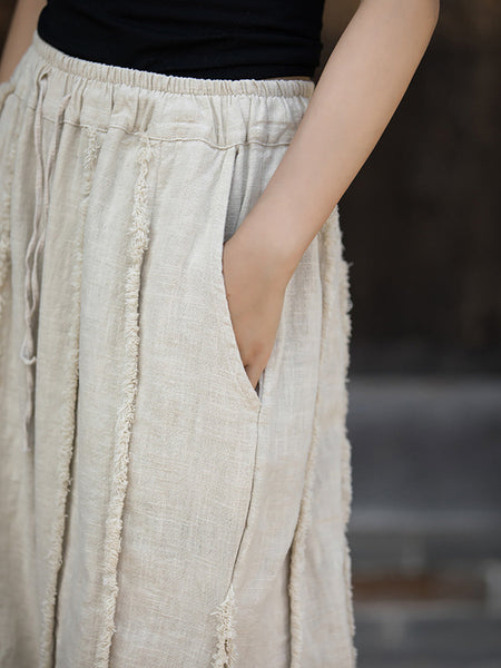 Women Ethnic Solid Raw-edge Wide-leg Ramie Pants FD053 BXF