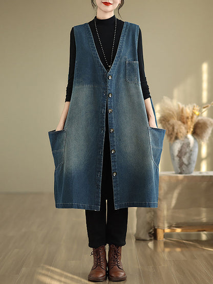 Women Casual Summer Spliced V-Neck Button-up Denim Vest Coat AT1007 BUYKUD