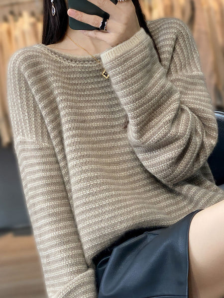 Women Autumn Casual Stripe O-Neck Wool Knit Sweater AT1012 BUYKUD