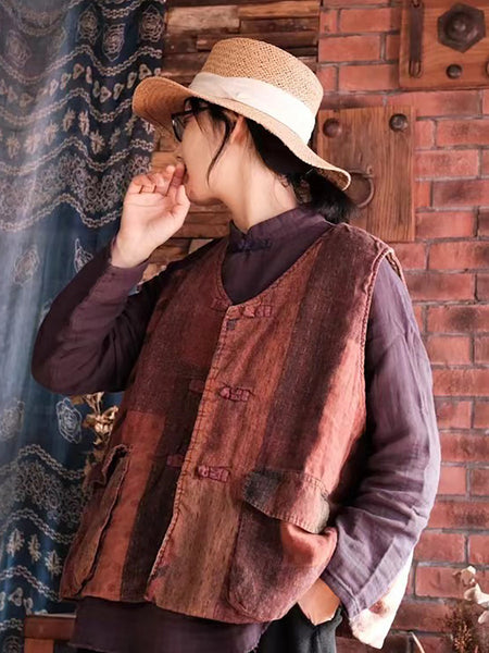 Women Retro Print Linen Cotton Padded Vest AT1078 JSHY
