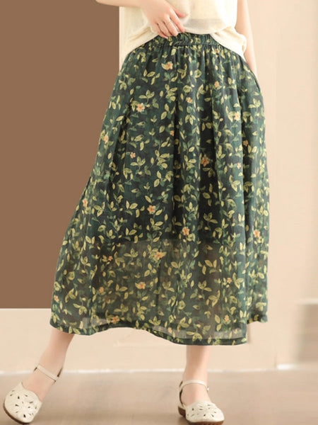 Women Artsy Summer Flower Ramie A-shape Skirt CO1025 Ada Fashion