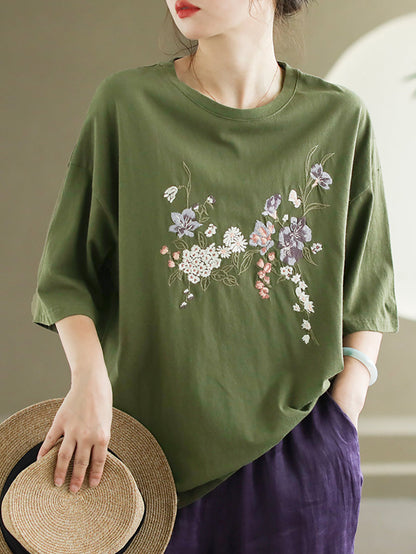 Women Summer Flower Embroidery Cotton O-Neck Shirt AS1007 Ada Fashion