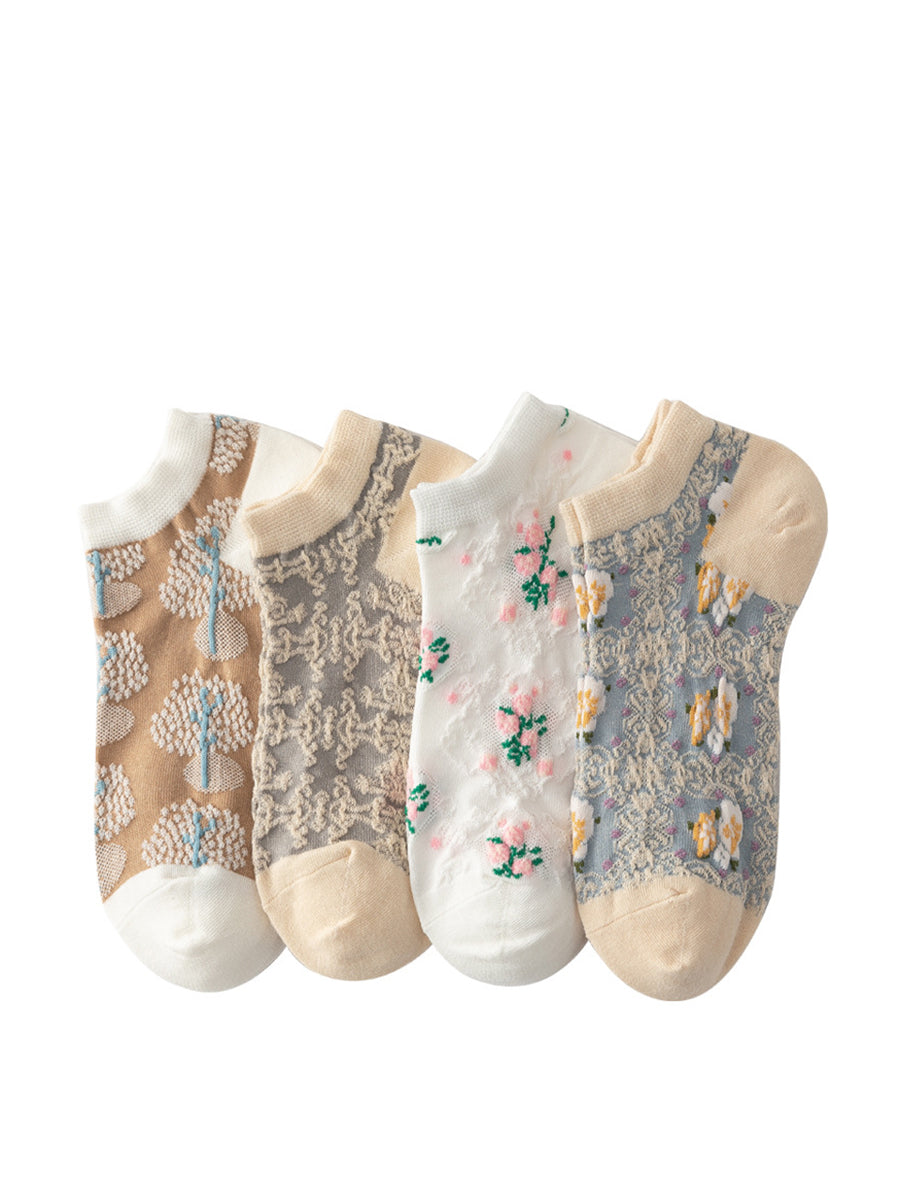 4 Pairs Women Summer Artsy Flower Jacquard Socks AS1009 Ada Fashion