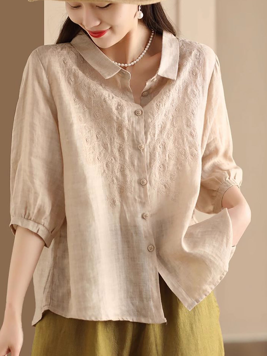 Women Vintage Embroidery Summer Ramie Loose Shirt SC1003 Ada Fashion