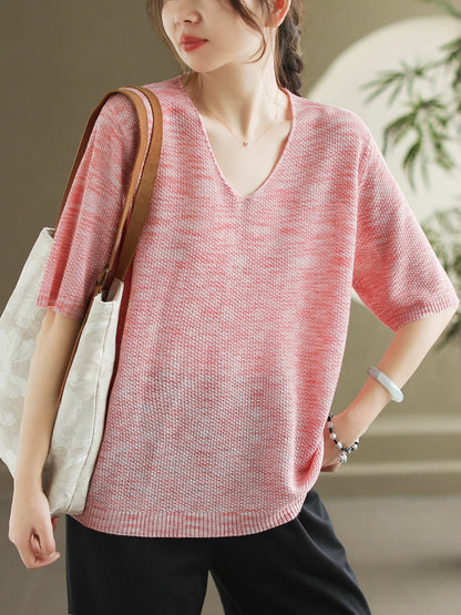 Women Summer Casual Knitted Linen V-Neck Shirt WE1029 Ada Fashion