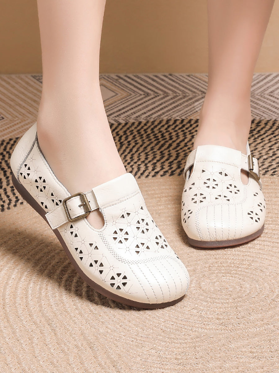 Women Vintage Leather Cutout Soft Flat Shoes AS1019 Ada Fashion