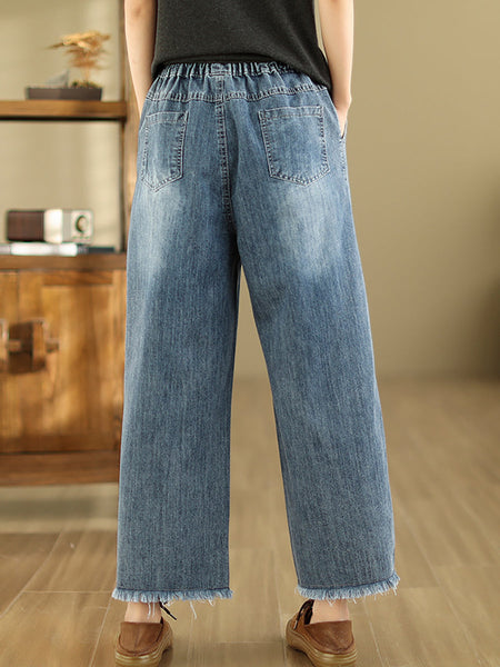 Women Summer Retro Embroidery Frayed Straight Denim Pants AS1042 Ada Fashion