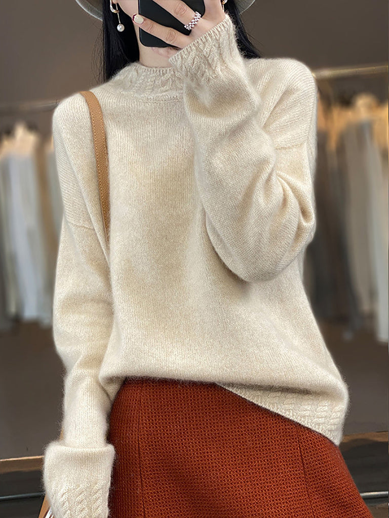 Women Autumn Half-Turtleneck Knit 100%Wool Sweater QU010 BK