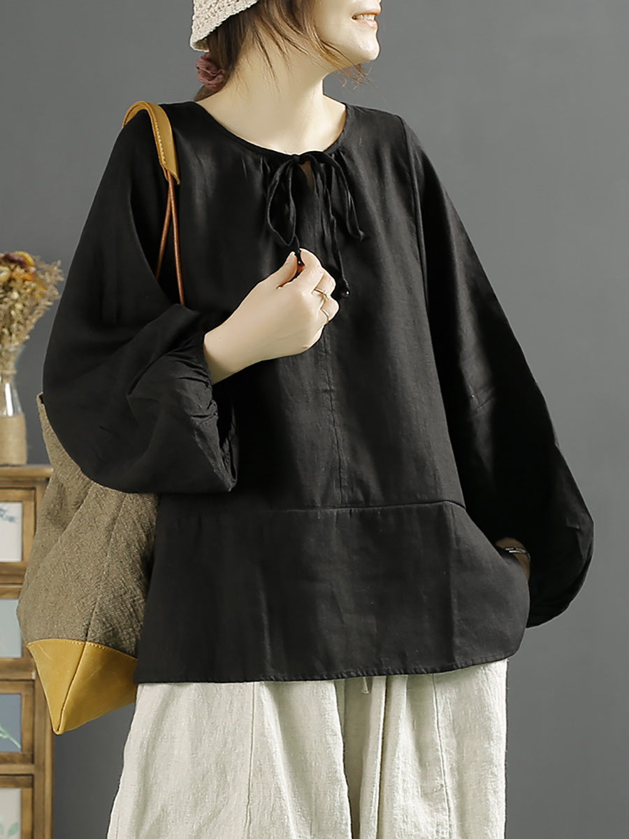 Plus Size Women Autumn O-Neck 100%Linen Loose Blouse AK1001 Genistyle Shop