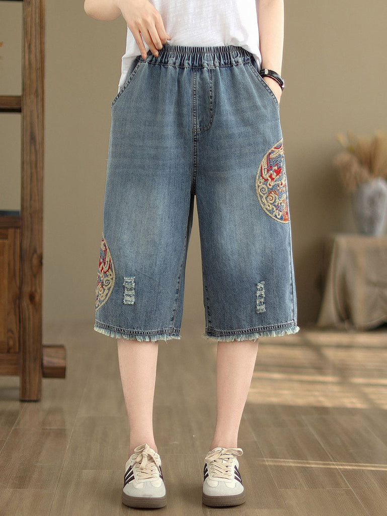Women Summer Embroidery Knee-Length Denim Pants IO1023 Ada Fashion