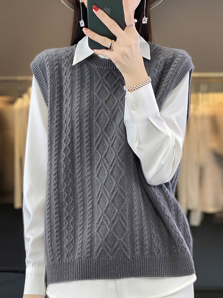 Women Casual Wool O-Neck Twist Knit Vest QU007 BUYKUD