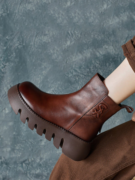 Women Retro Genuine Leather Platform Boots QM017 RXMY