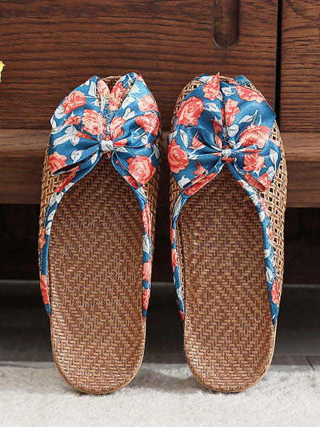 Bowknot Ethnic Weave Women Indoor Slippers Straw Flower FashionChic