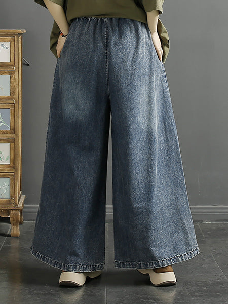 Women Summer Vintage Koi Embroidery Wide-leg Denim Pants CO1049 Ada Fashion