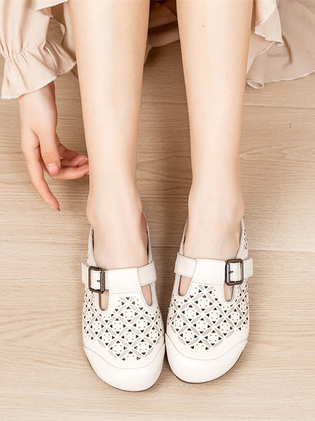 Heel Hollow Out Genuine Low Leather Women Shoes Vintage FashionChic
