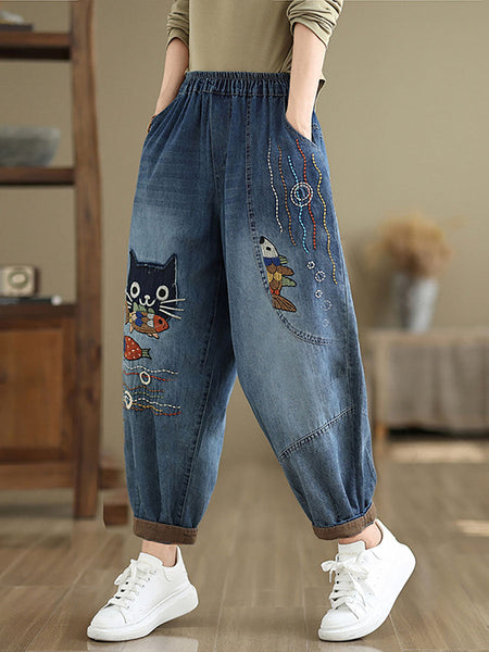 Women Autumn Casual Cat Patch Spliced Denim Harem Pants AV1004 Genistyle Shop