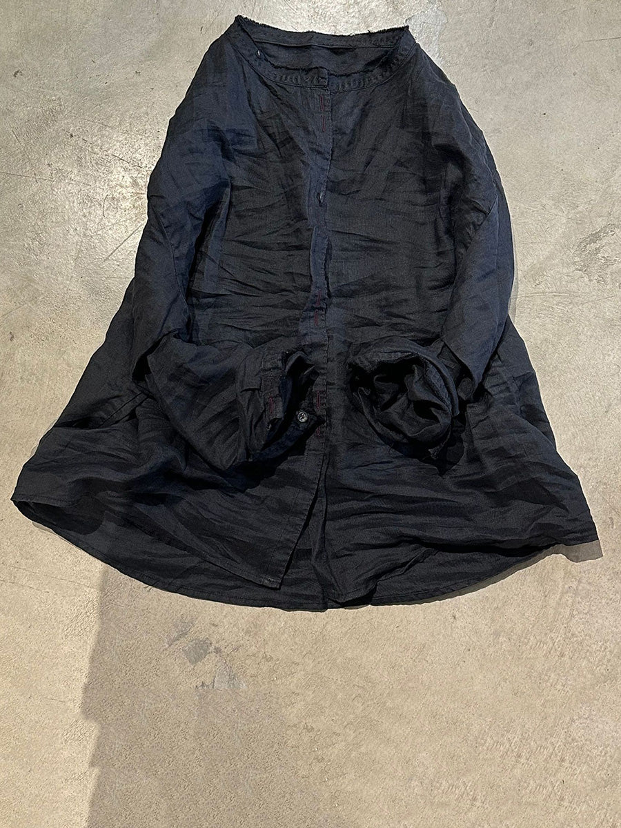 Solid Loose Women Blouse Vintage Collar Stand Ramie FashionChic