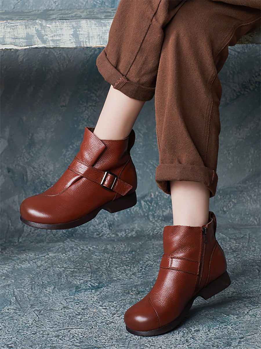 Women Vintage Autumn Soft Leather Buckle Low Heel Boots BA1053 Genistyle Shop