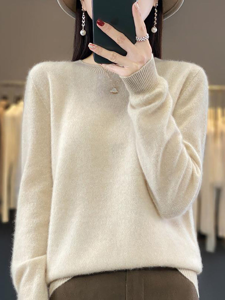 Women Autumn Solid Knit 100%Wool O-Neck Sweater WU023 BK