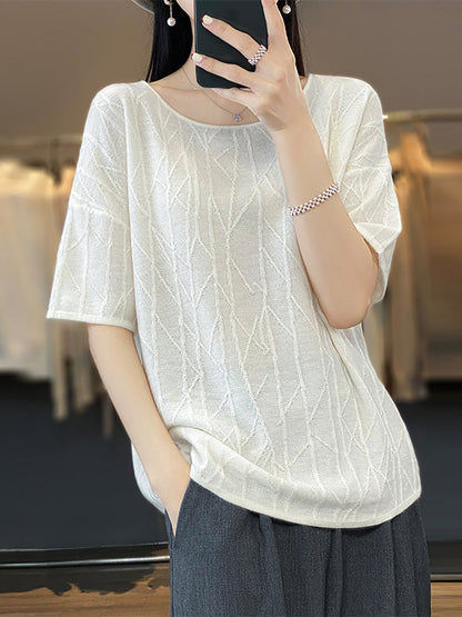 Women Summer Solid Jacquard Loose Half-Sleeve Shirt WE1033 Ada Fashion