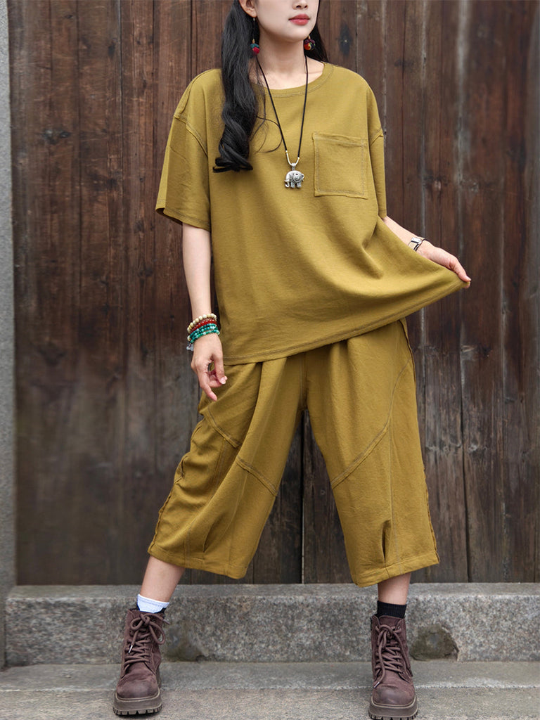 Plus Size Women Casual Summer Solid 100%Cotton Suits PA1011 Ada Fashion