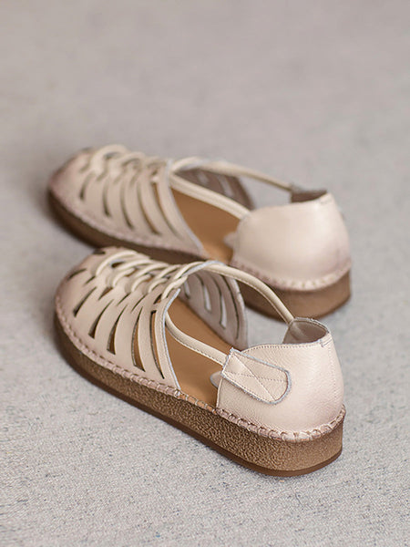 Leather Sandals Heel Low Women Weave Summer FashionChic