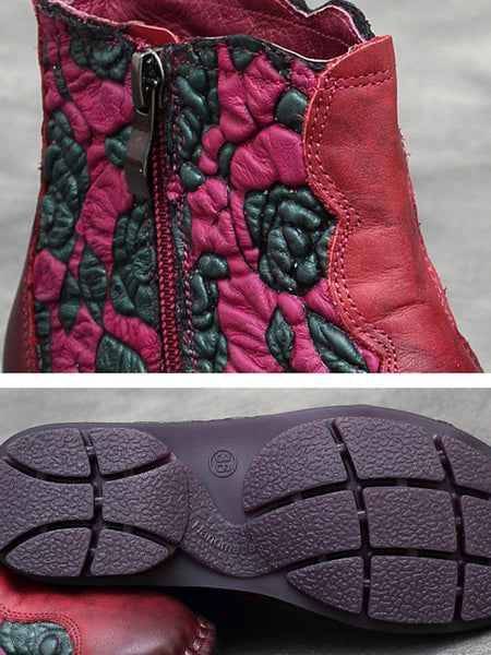 Women Retro Flower Leather Spliced Zipper Low Heel Boots AT1067 RXMY