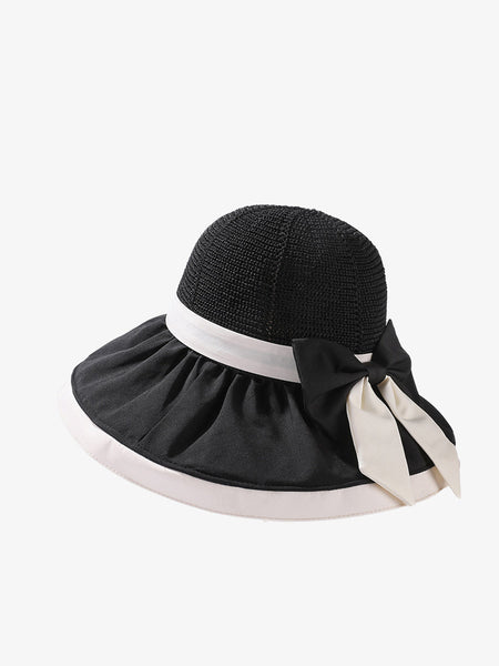 Women Summer Colorblock Large Brim Bowknot Hat WE1003 Ada Fashion