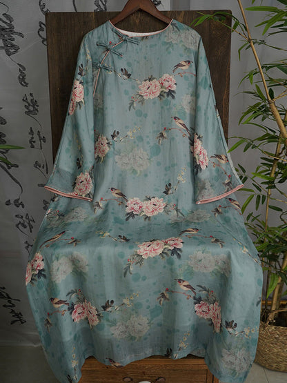 Women Autumn Vintage Flower Ramie Blue  Robe Dress AX1004 Genistyle Shop