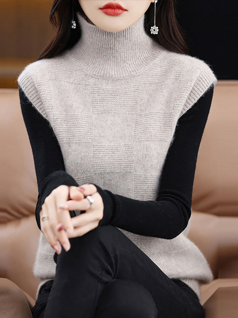 Women Casual Wool Turtleneck Plaid Knit Vest BA1016 Genistyle Shop