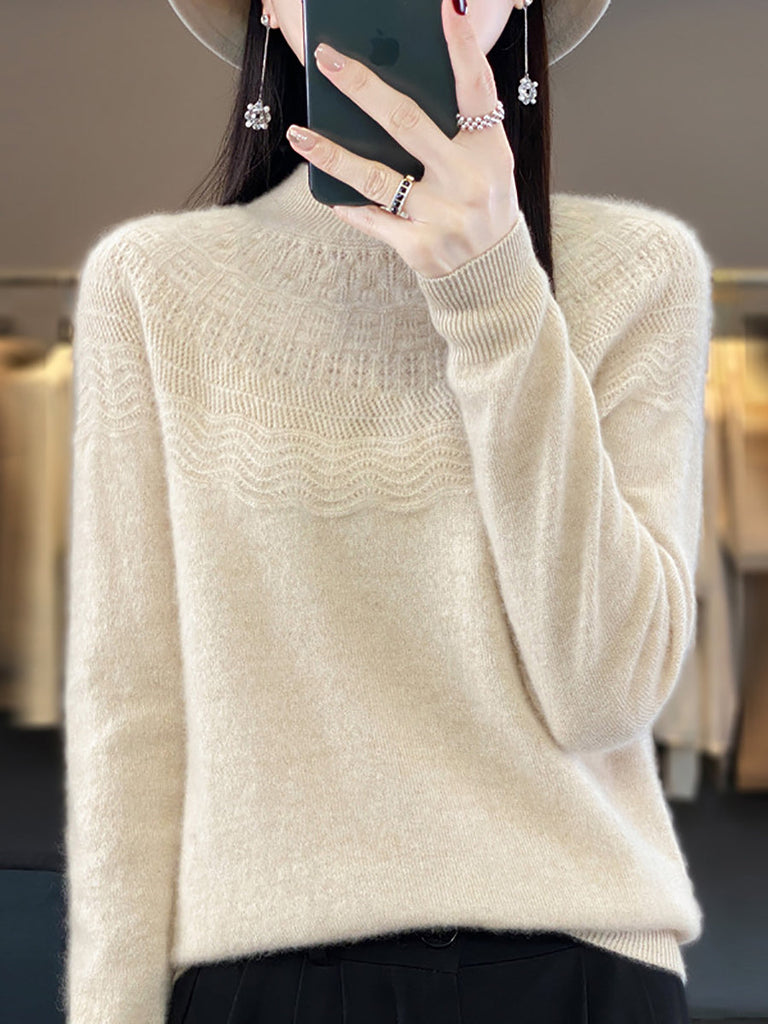 Women Autumn Cable Knit 100%Wool Half Turtleneck Sweater QN031 BK