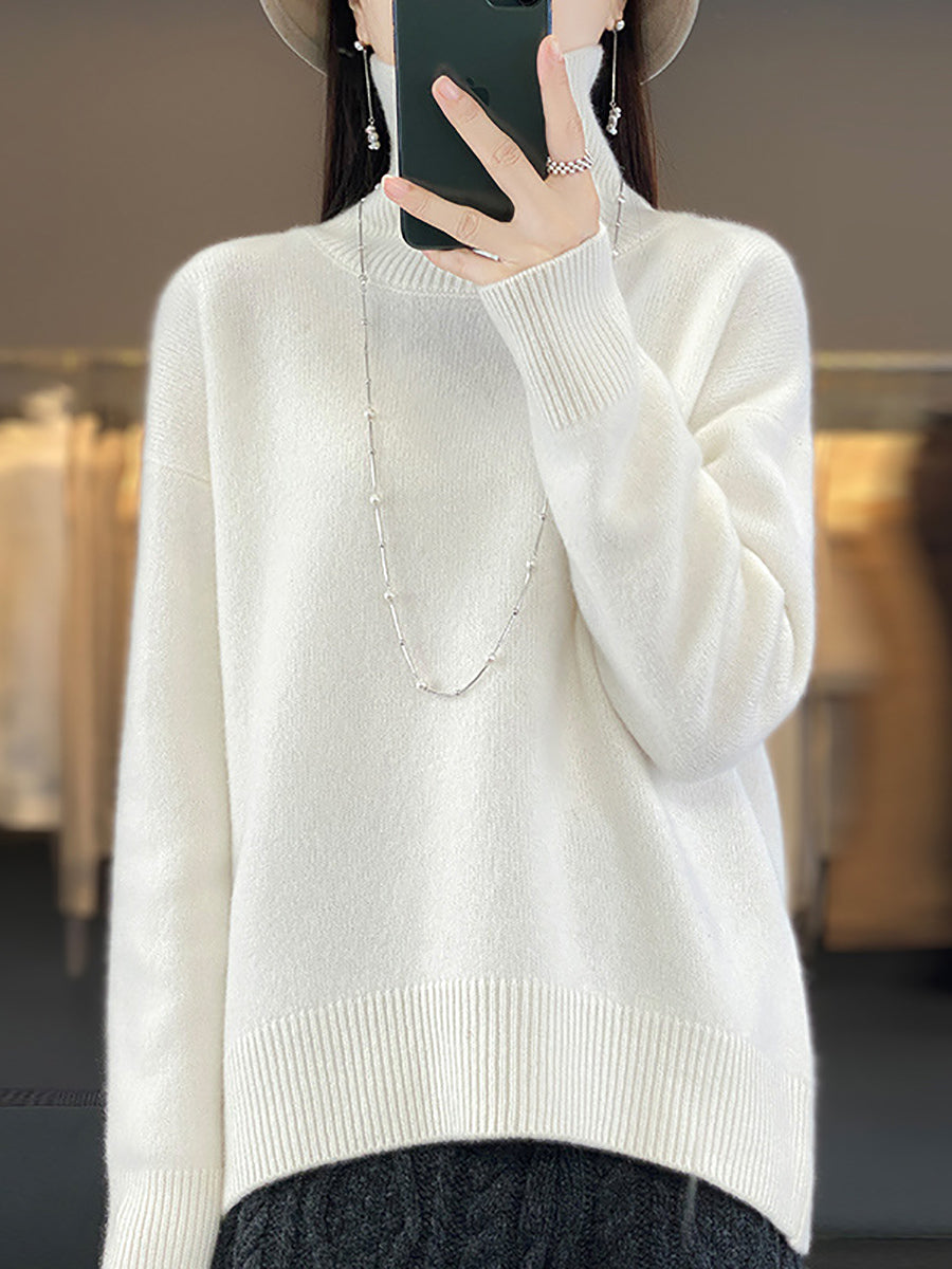 Women Autumn Casual Turtleneck Solid 100%Wool Sweater QU012 BK