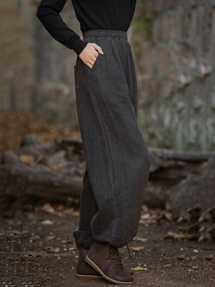 Women Vintage Autumn Solid Loose Ramie Cuffed Pants AT1013 BXF