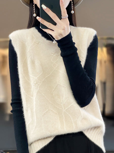 Women Casual Wool O-Neck Crochet Knit Vest AV1059 Genistyle Shop