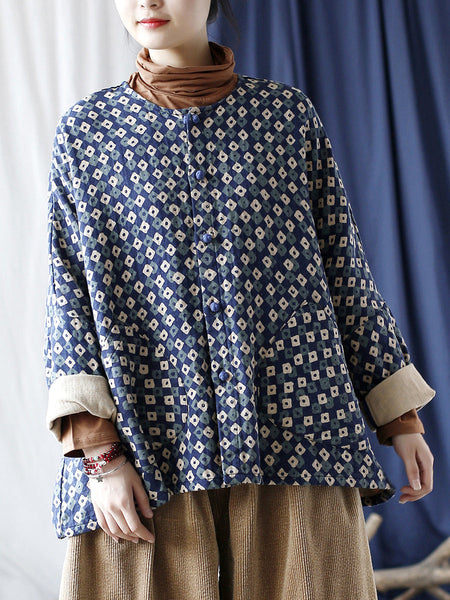 Women Artsy Retro Plaid Spliced Batwing Sleeve Coat AT1077 XIM