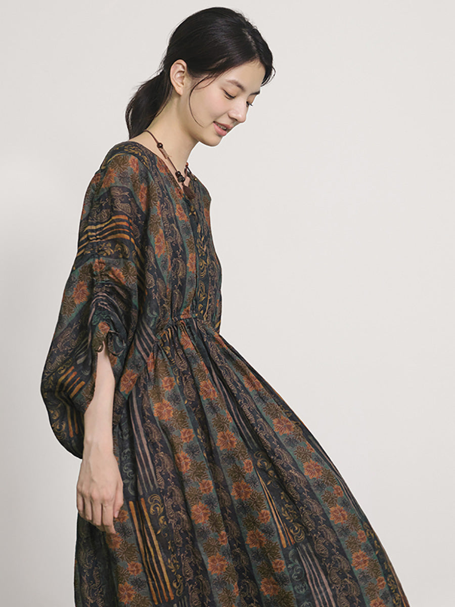 Plus Size Women Summer Artsy Print V-Neck Ramie Dress LL054 BUYKUD