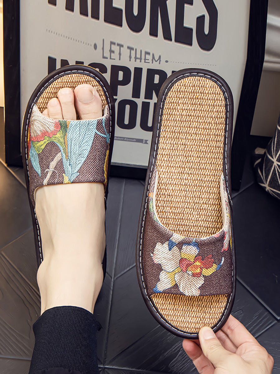 Summer Couple Linen Flower Print Indoor Flat Slippers CC008 BUYKUD