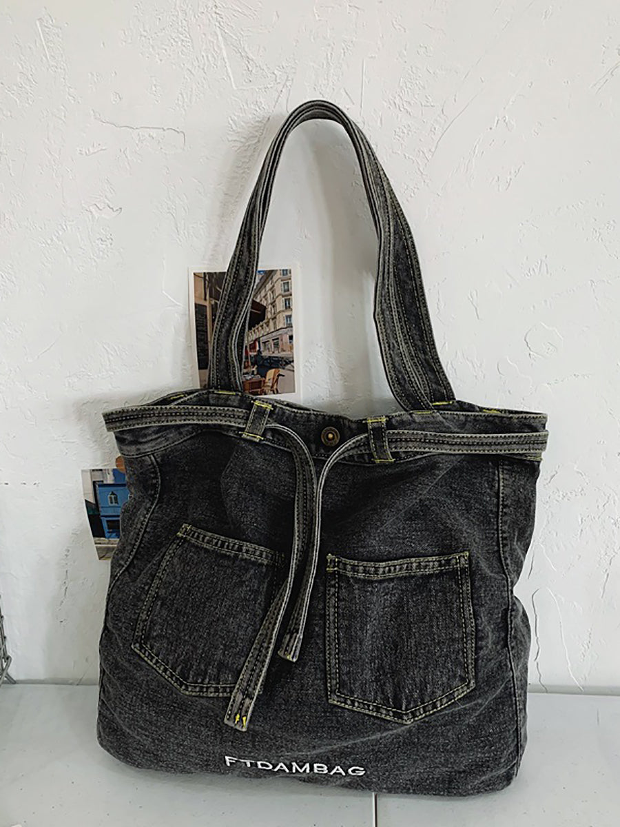 Women Vintage Solid Pocket Denim Handbag Shoulder Bag ZZ1008 Ada Fashion