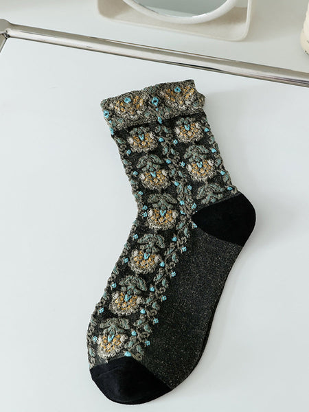 5 Pairs Women Artsy Floral Jacquard Cotton Socks AS1030 BUYKUD