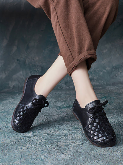 Women Autumn Vintage Soft Leather Waeve Flat Shoes AT1029 RXMY