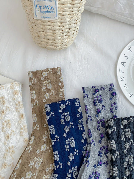 5 Pairs Women Floral Jacquard Cotton Socks AK1035 Genistyle Shop