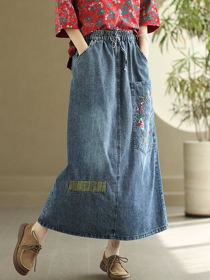 Women Artsy Flower Embroidery Denim Skirt CO1053 Ada Fashion