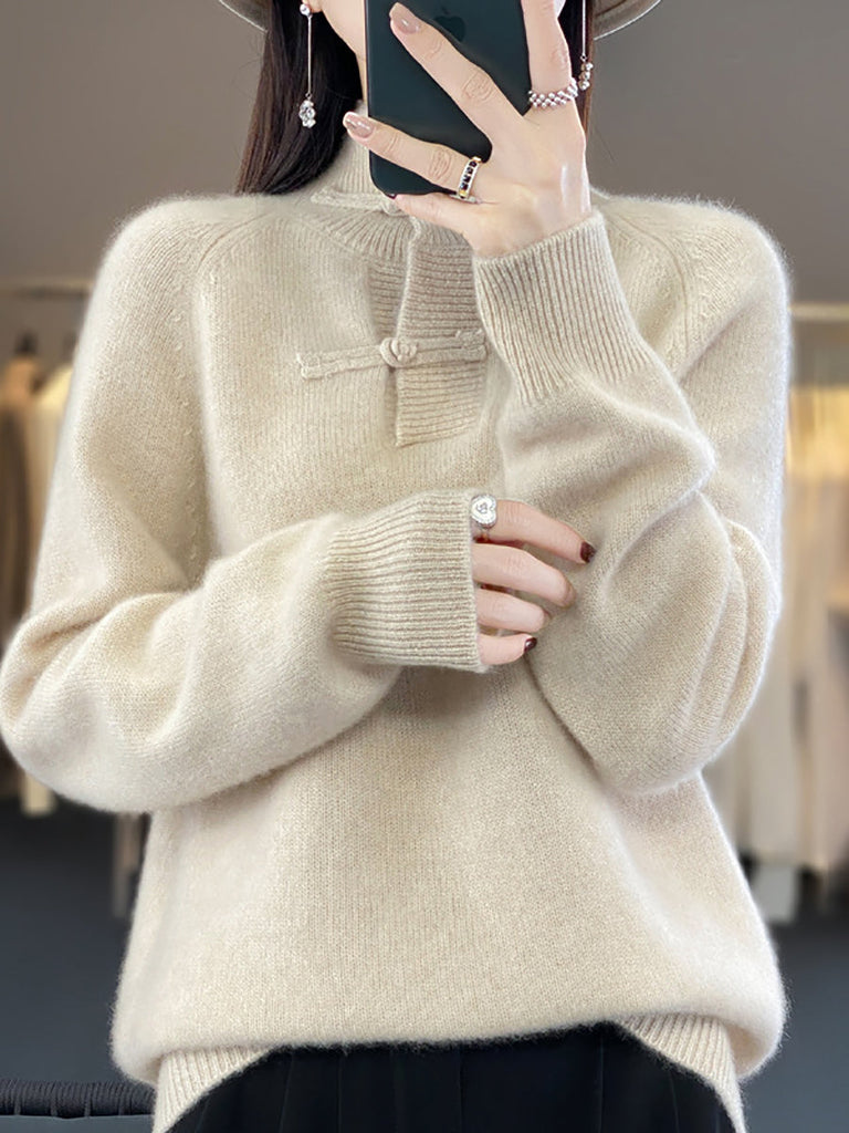 Women Autumn Vintage Half-Turtleneck 100%Wool Buckle Sweater BA1040 Genistyle Shop