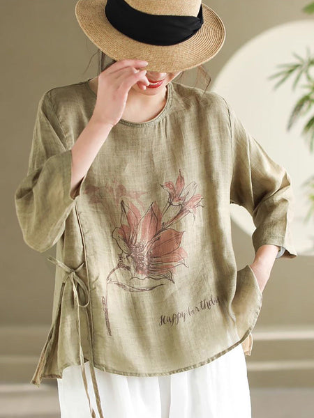 Women Spring Flower Vintage Strap Ramie Blouse KL1039 Ada Fashion