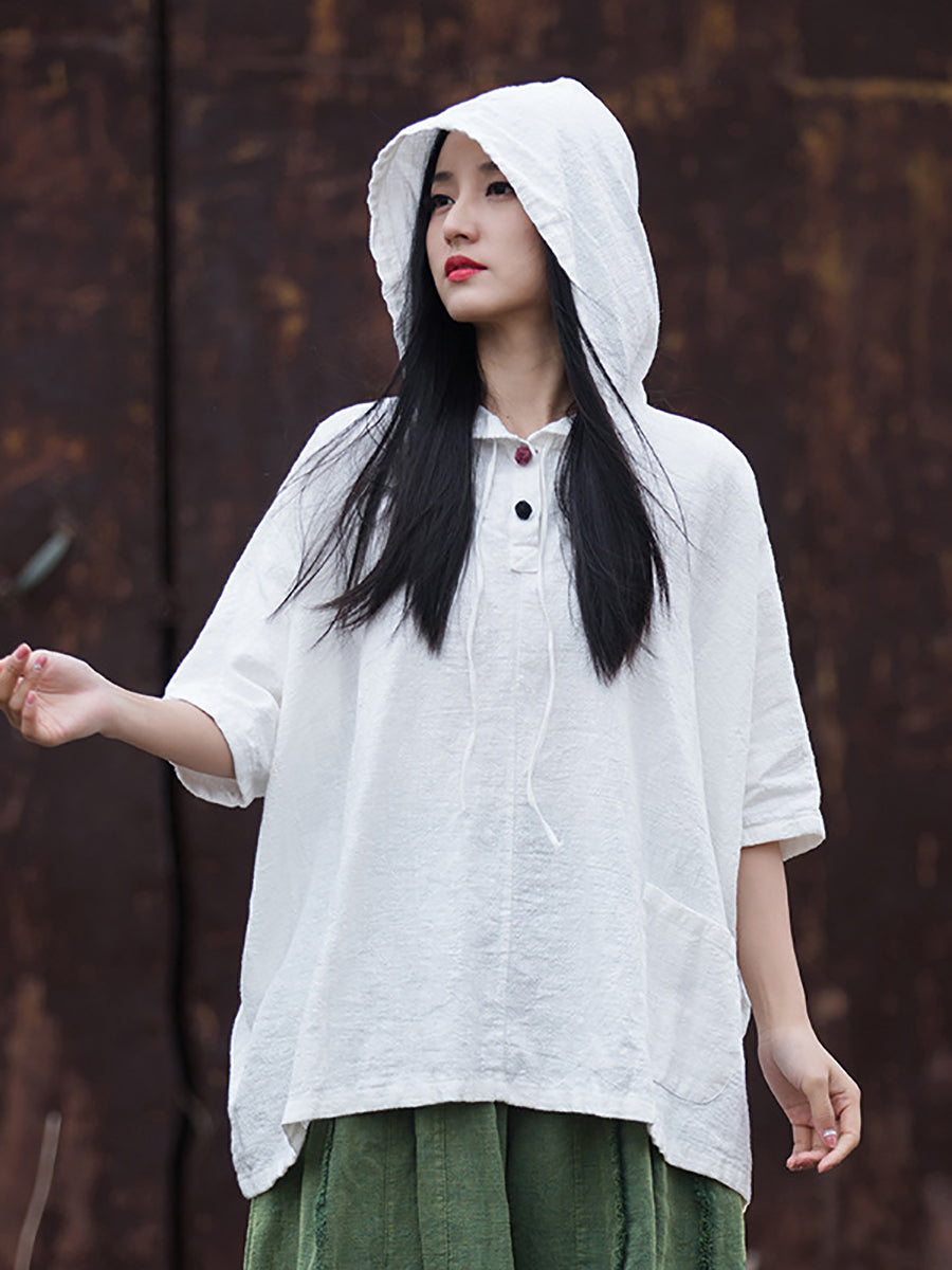 Women Summer Retro Solid Loose Hooded Ramie Shirt CC045 BXF