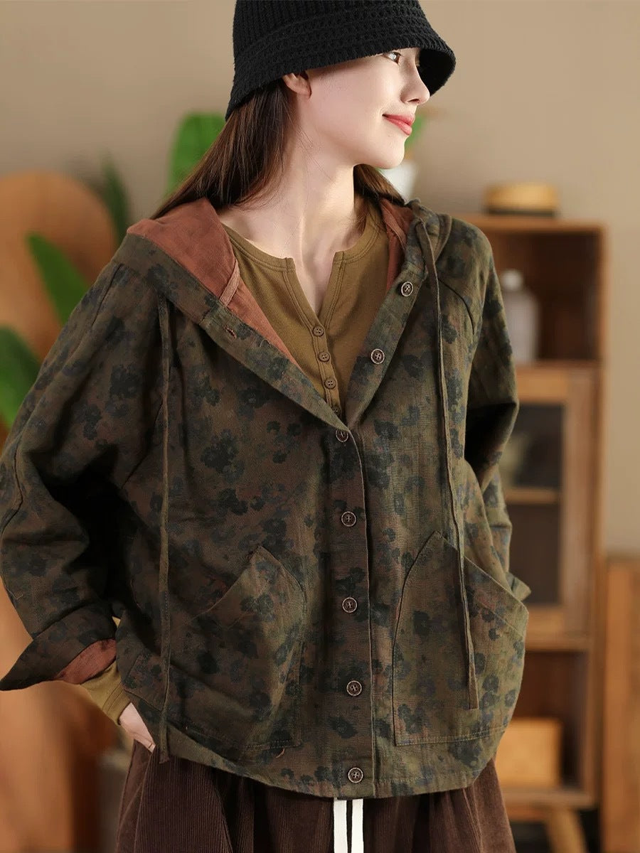 Women Vintage Autumn Flower Button Cotton Linen Hooded Coat AH1013 ZMMM